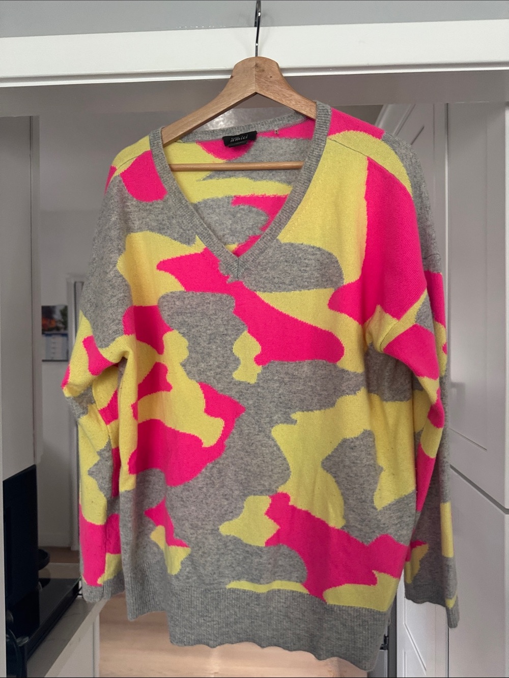 Neon Pink & Lemon Yellow Camouflage V-Neck Sweater